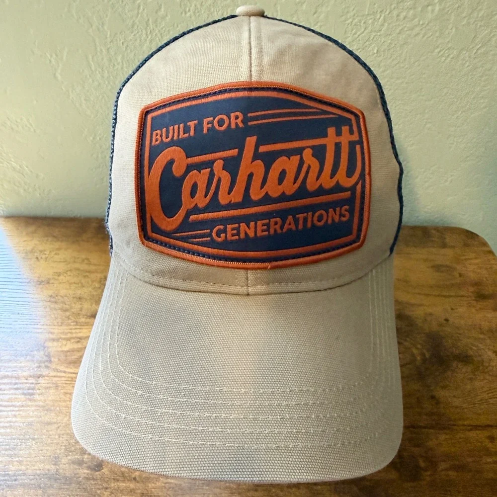 Carhartt Generations Trucker Hat Mens Tan Navy Blue Mesh Snapback Cap Retro Look